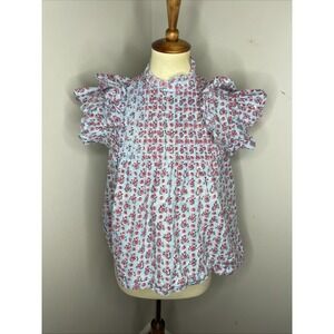 CJ Laing Blue Pink Floral‎ Ruffle Sleeve Cotton Blouse XS
